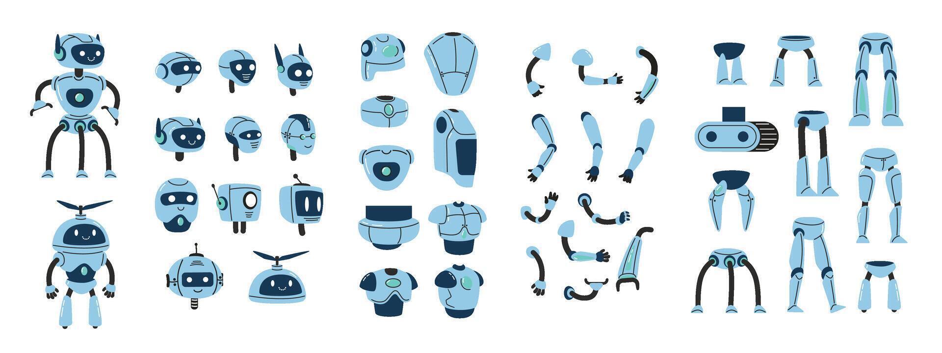 Robot constructor components. Bot creation kit of modular robot parts including heads, arms, legs and bodies for android character design. Isolated set. vector
