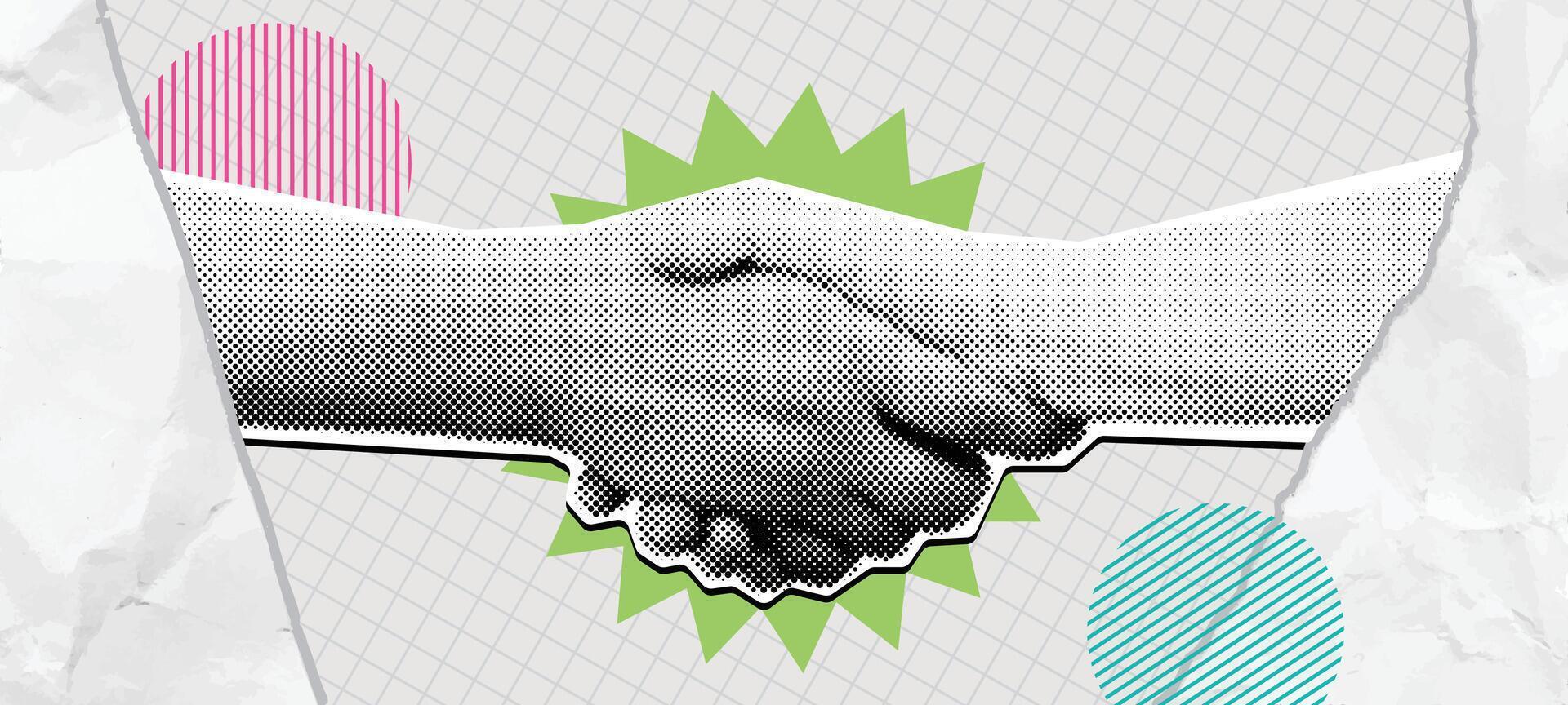 Halftone handshake collage. Win win deal, mixed media shaking hands symbolizing agreement, partnership and cooperation illustration. vector