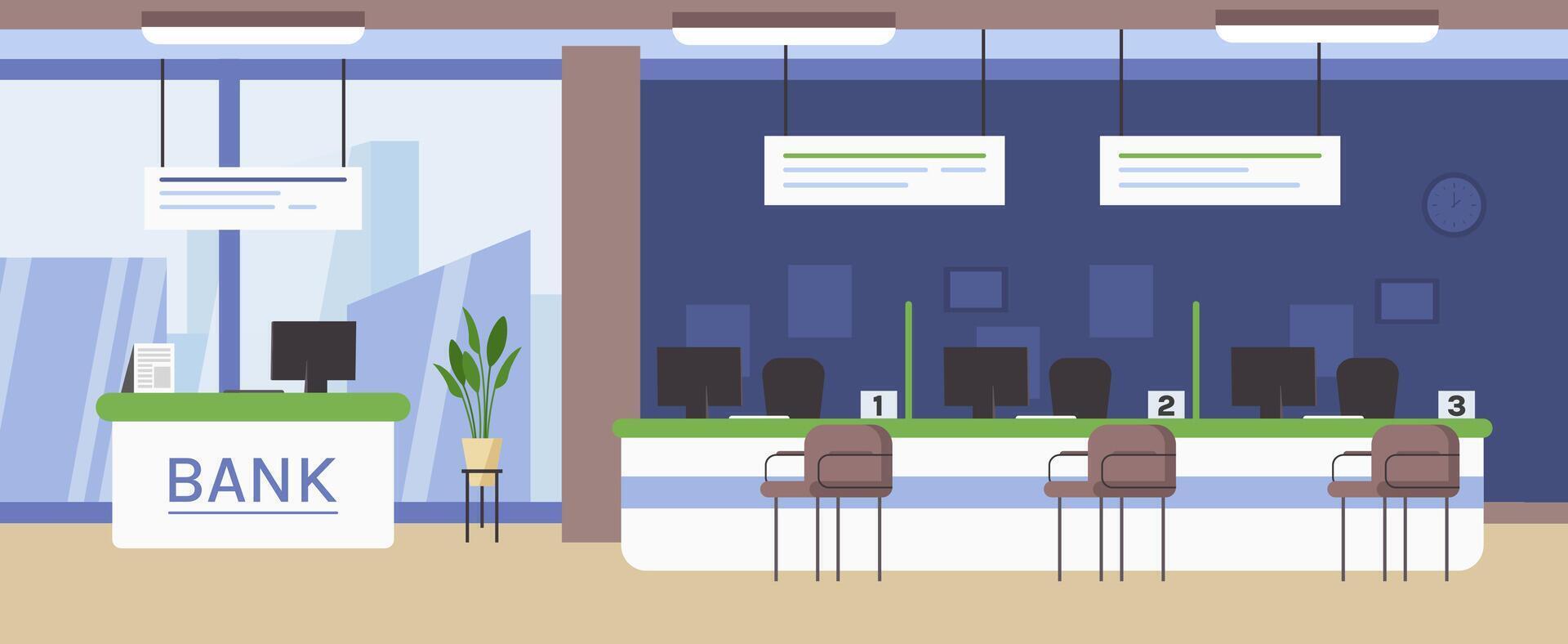 Bank office interior. Customer service counter at bank lobby, banking workplace flat background illustration vector