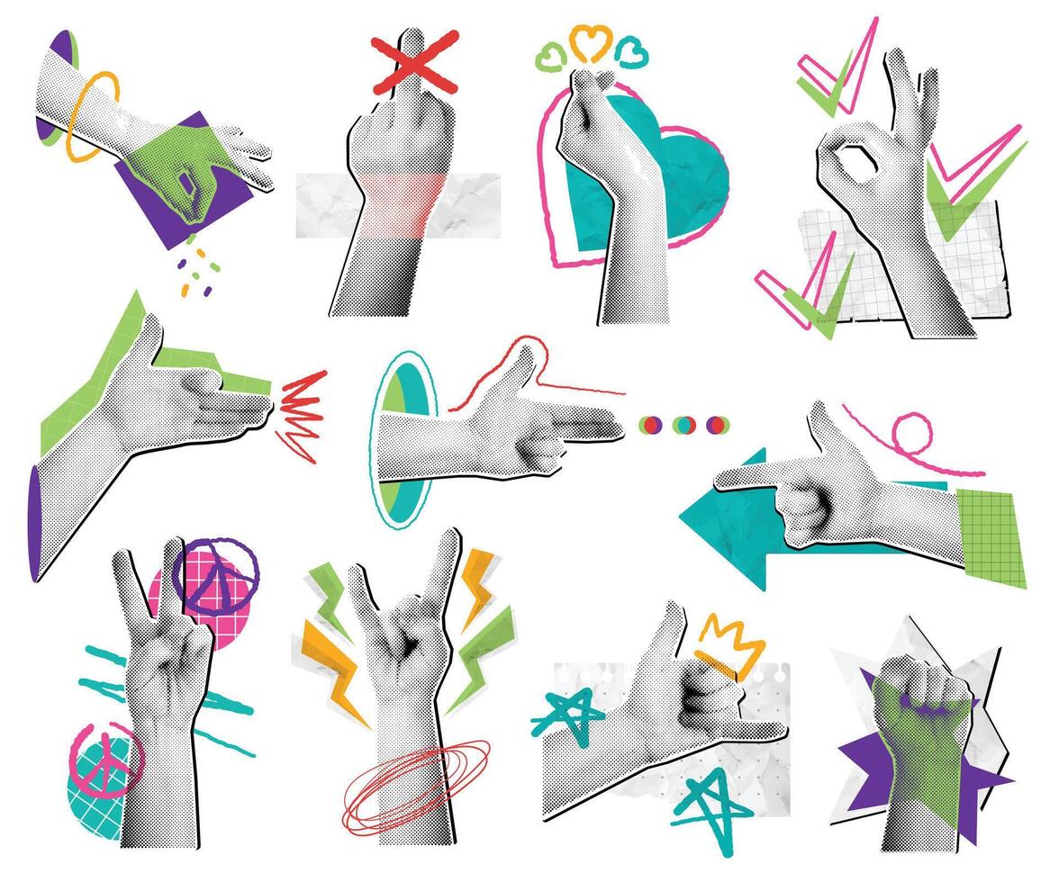 Halftone hand gestures collage. Mixed media hands compositions, pop art pointing gestures and hand signs scrapbooking style isolated set. vector