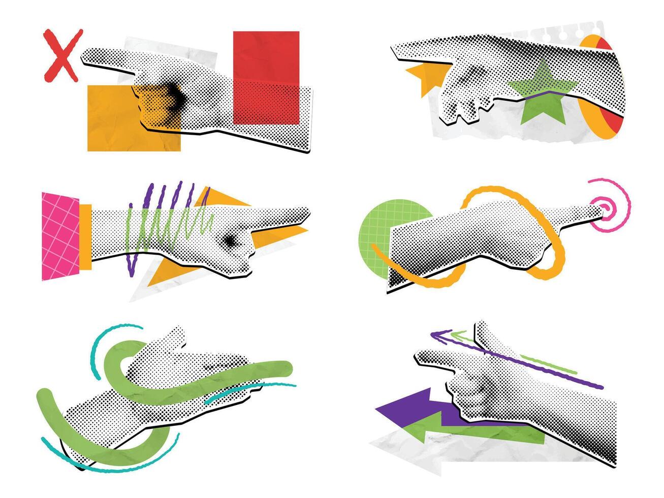 Halftone pointing hand collage. Mixed media direction hand gestures, pop art arrow pointing finger scrapbooking style compositions set. vector