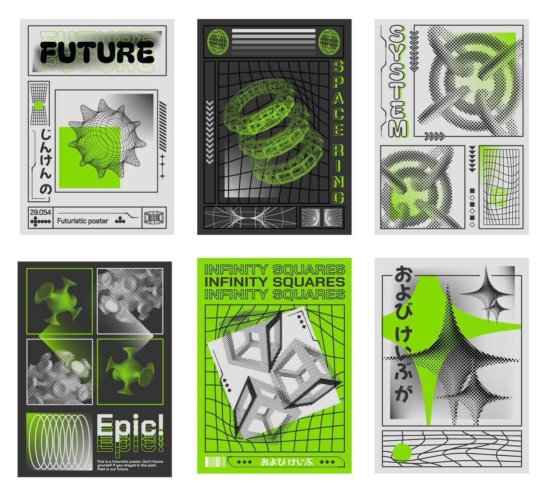 Abstract 3d poster templates. Retro futuristic designs with halftone 3D shapes, cyberpunk aesthetics and bold typography set vector