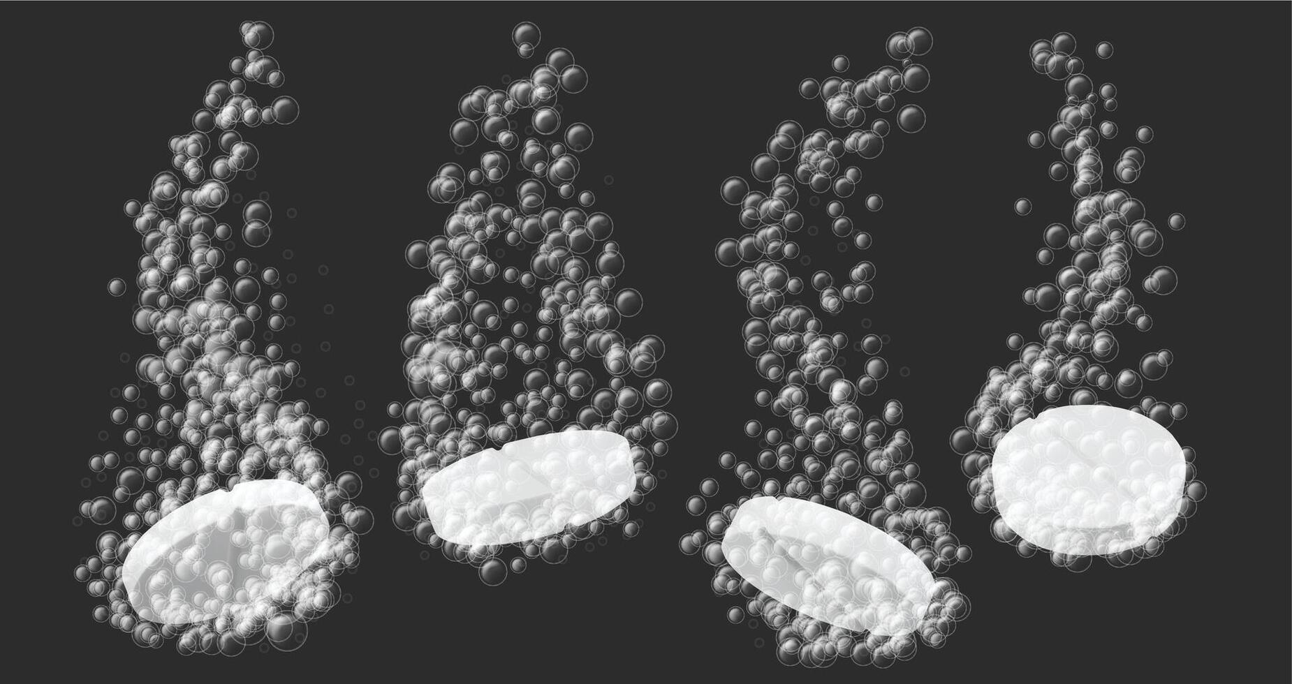Effervescent tablet dissolving. Health supplements and medical tablets with fizzing bubbles. Medicine dissolution and carbonation process, painkiller solution illustration vector