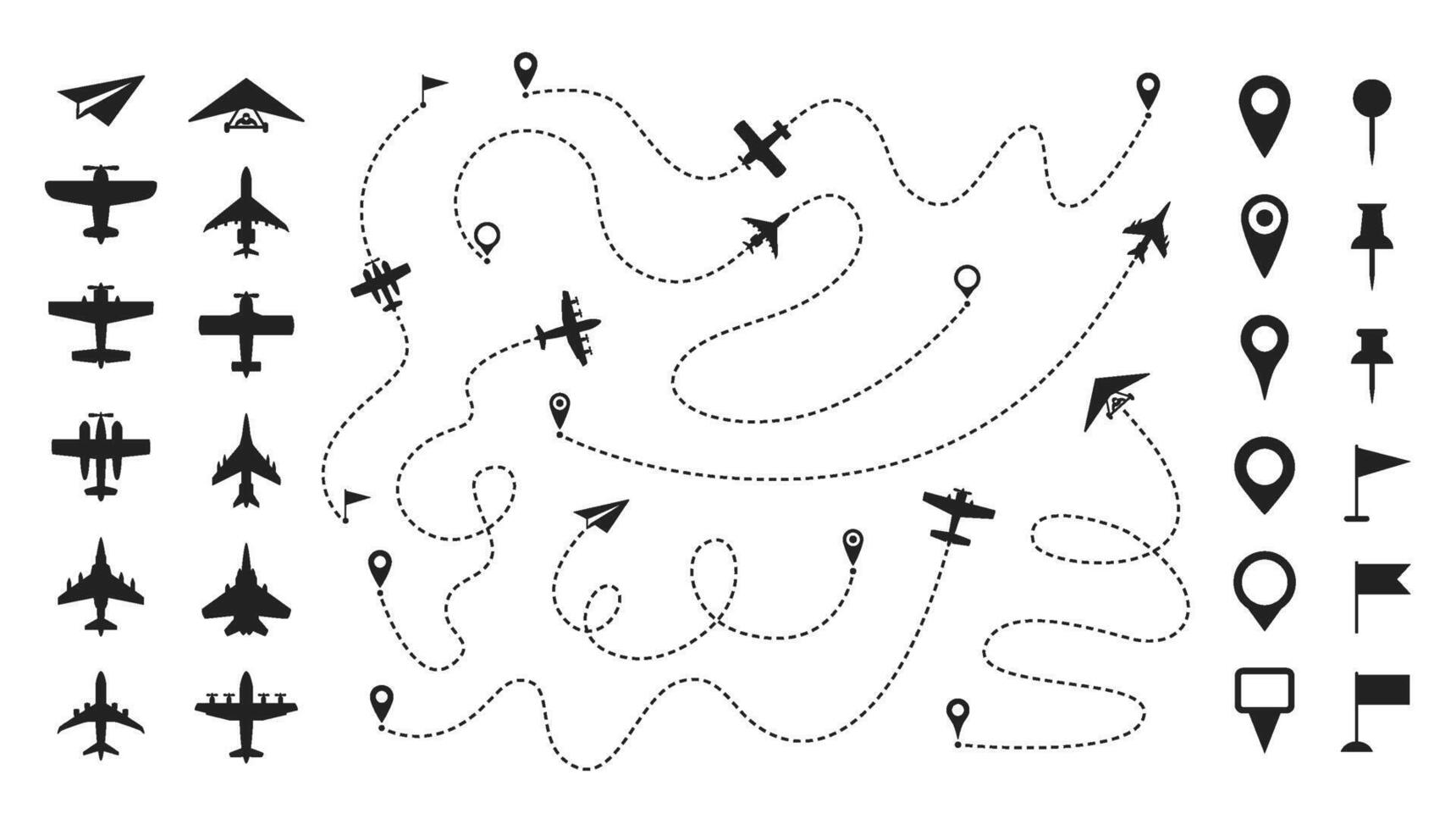 Dashed line plane route. Airplane trajectories path, flight roadmap trace lines with dash stroke, jet start and destination pin points. Aircraft arrival location infographic. Airline transport vector