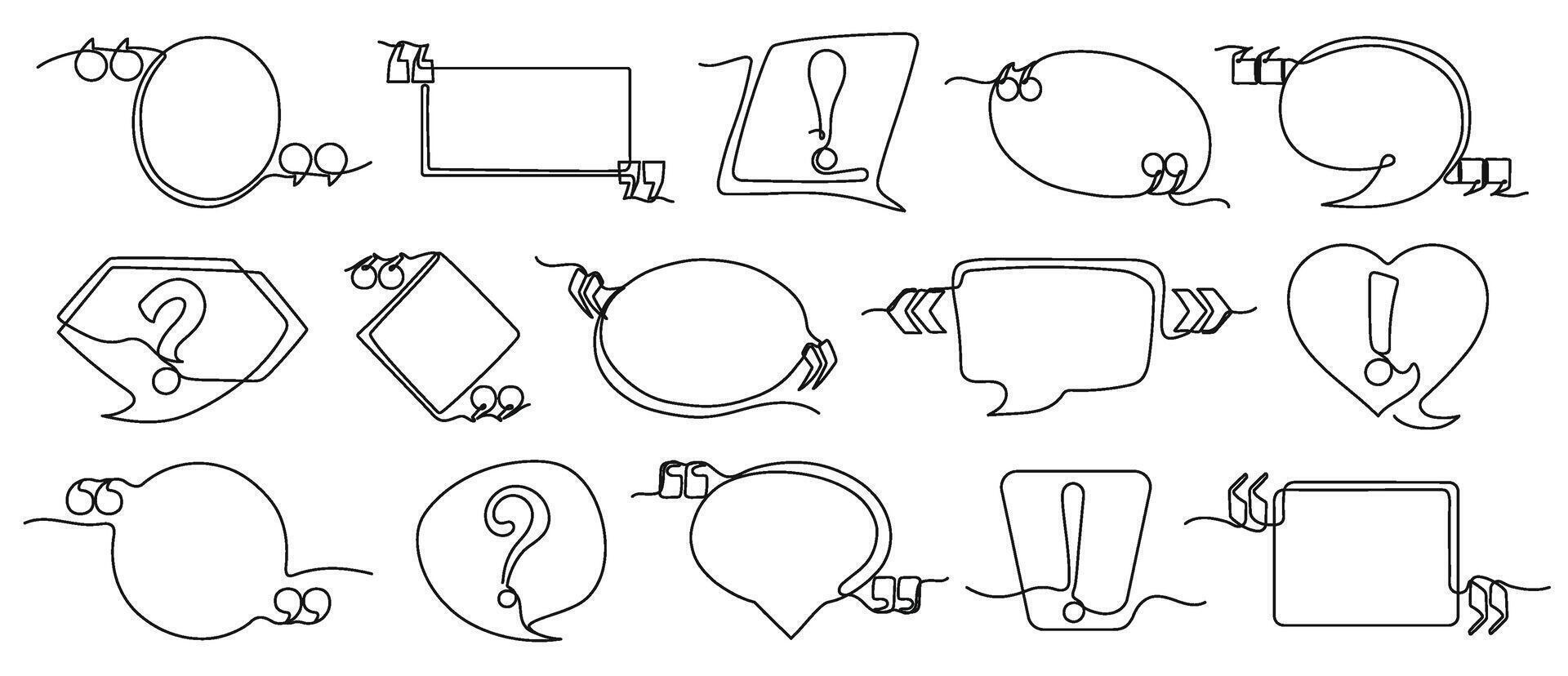 Continuous one line quote frames. Hand drawn speech and thought bubbles with exclamation points, question and quotation marks set. vector