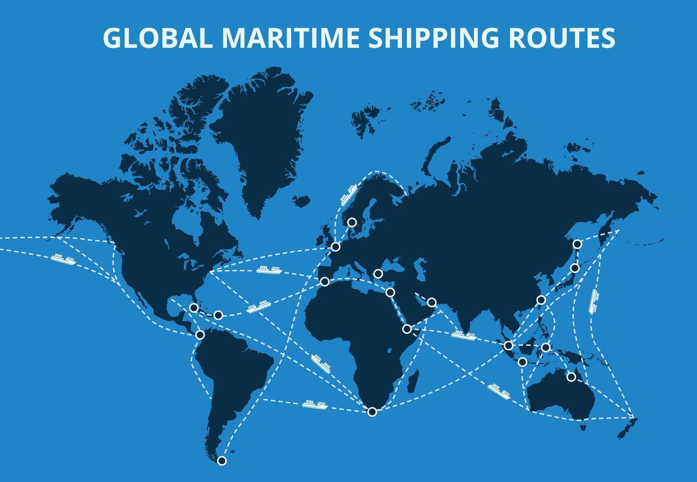 Global maritime shipping routes map. International sea routes for cargo shipping, major ports and trading hubs on world map with cargo ship icons and dashed line paths illustration vector