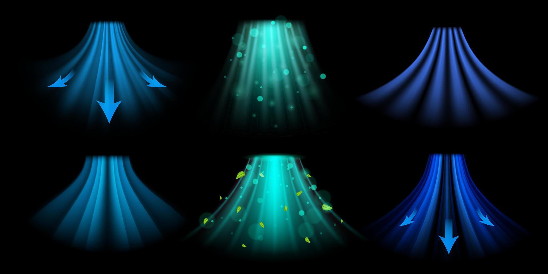 Dynamic airflow overlay. Fresh air circulation for air purification, ventilation or conditioning visualization. Breeze illustration set vector