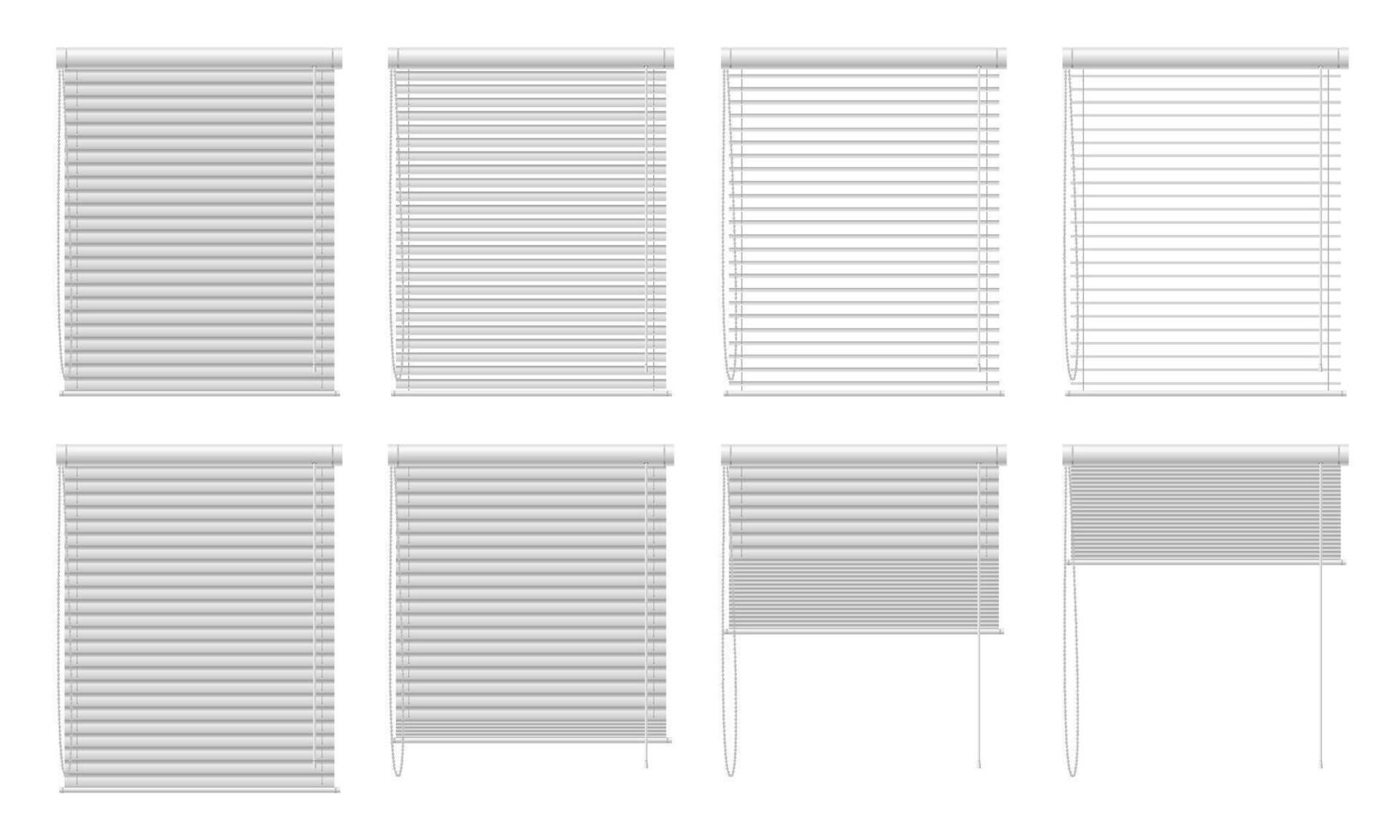 Window blinds open animation. Stages of Venetian blinds opening and closing, horizontal slat blinds options for window decor. Isolated illustration set. vector