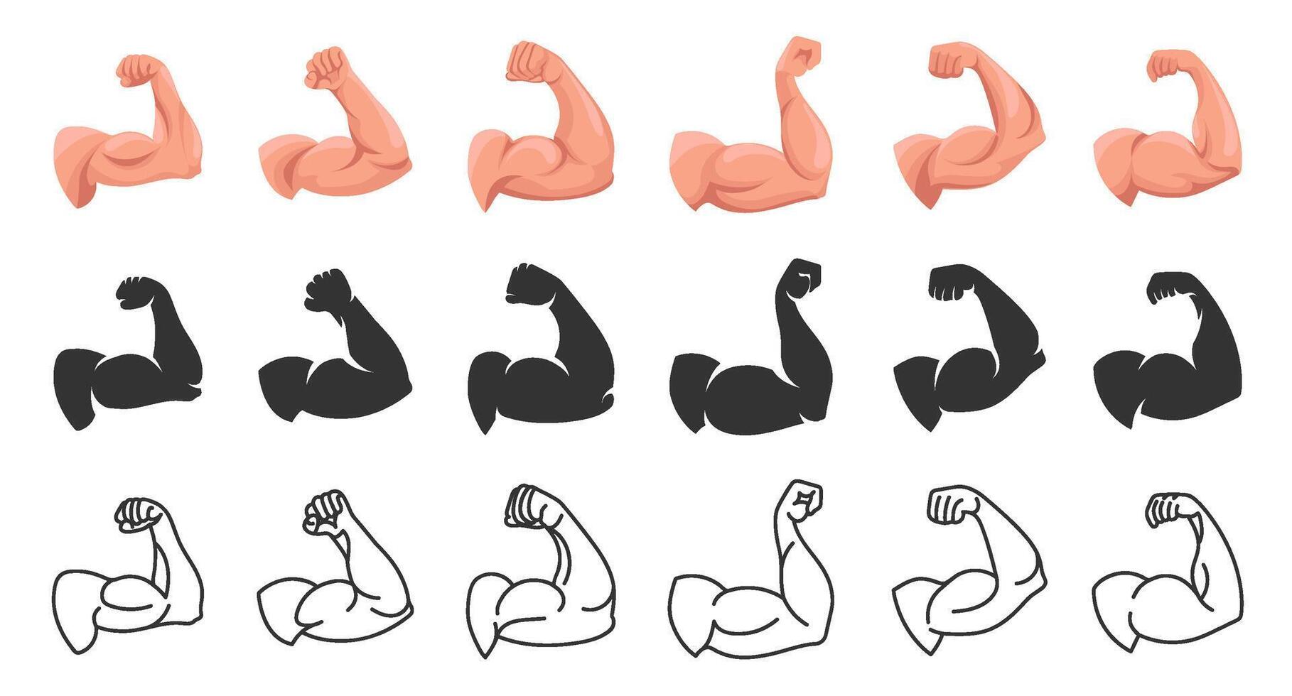 Strong biceps. Gym arm flexing, bicep muscle power silhouette and hand strength icons illustration set vector