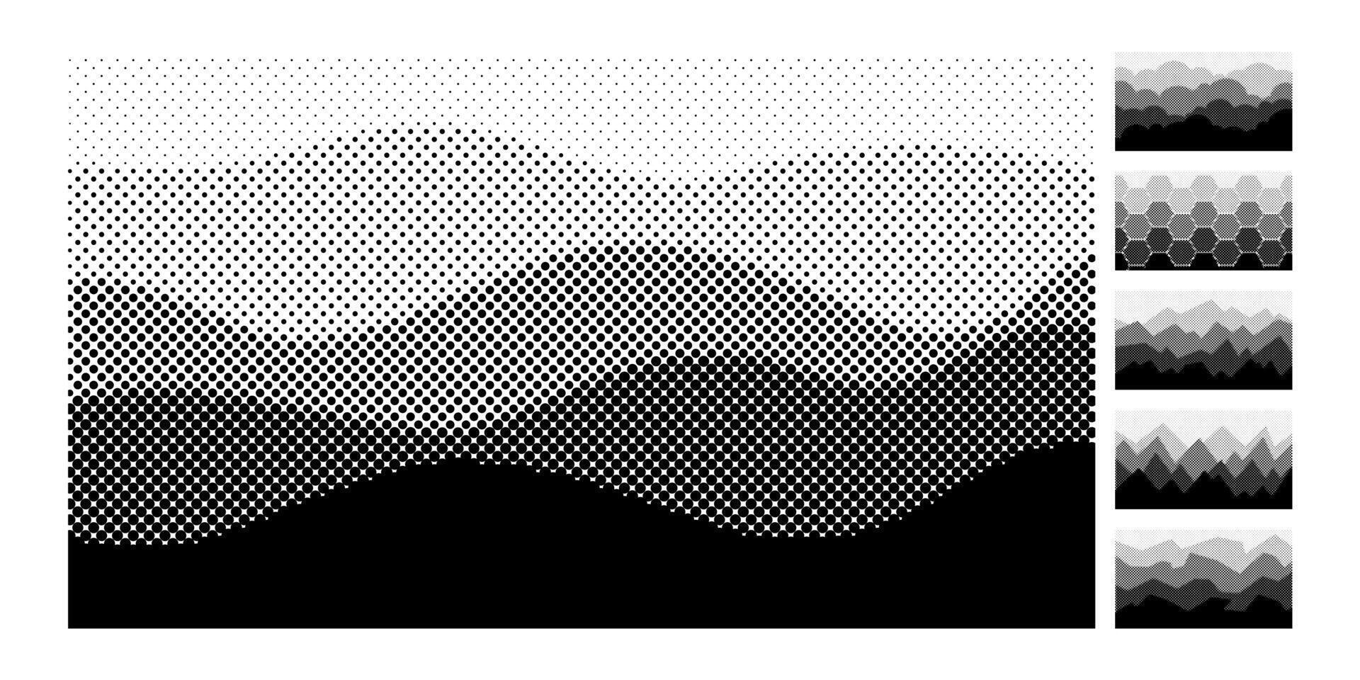 Abstract halftone layered backgrounds. Air perspective halftones landscape, geometric mountains and clouds dot textured wallpaper set vector