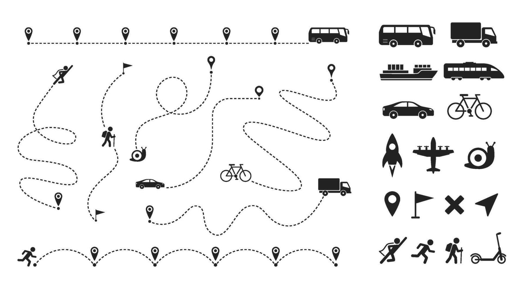 Dashed line route. Travel navigation routes with dash line path, location pins and transportation shipping delivery icons, ship and plane, train and car. Roadmap paths for infographic. Way set vector