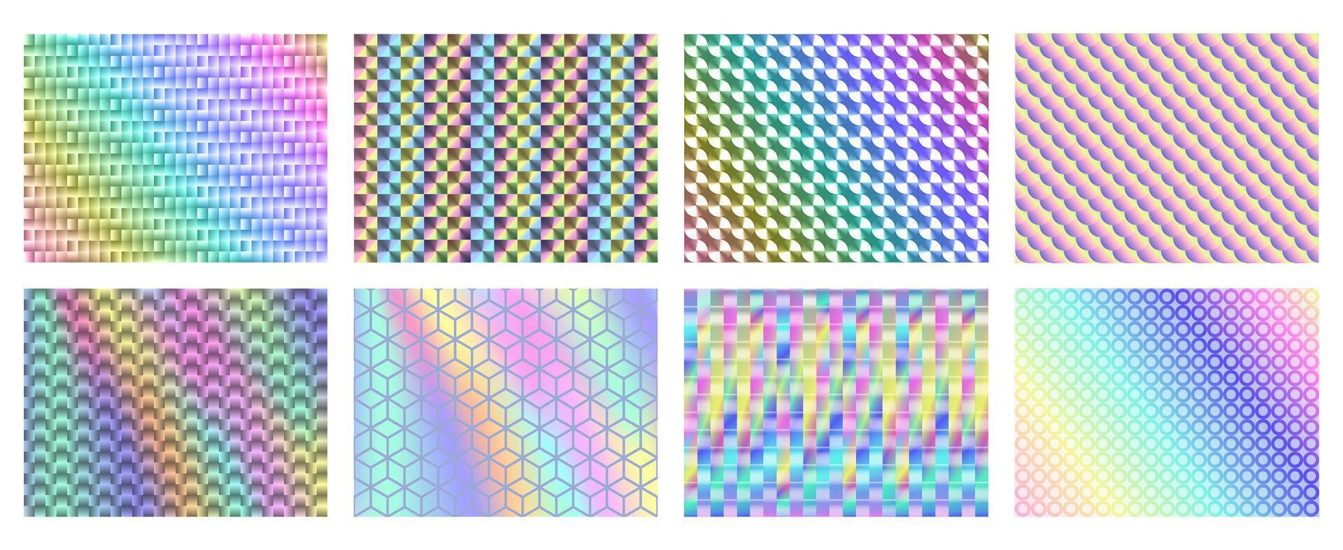 Iridescent holographic patterns. Holo backgrounds with geometric pattern texture, abstract rainbow spectrum gradients set vector