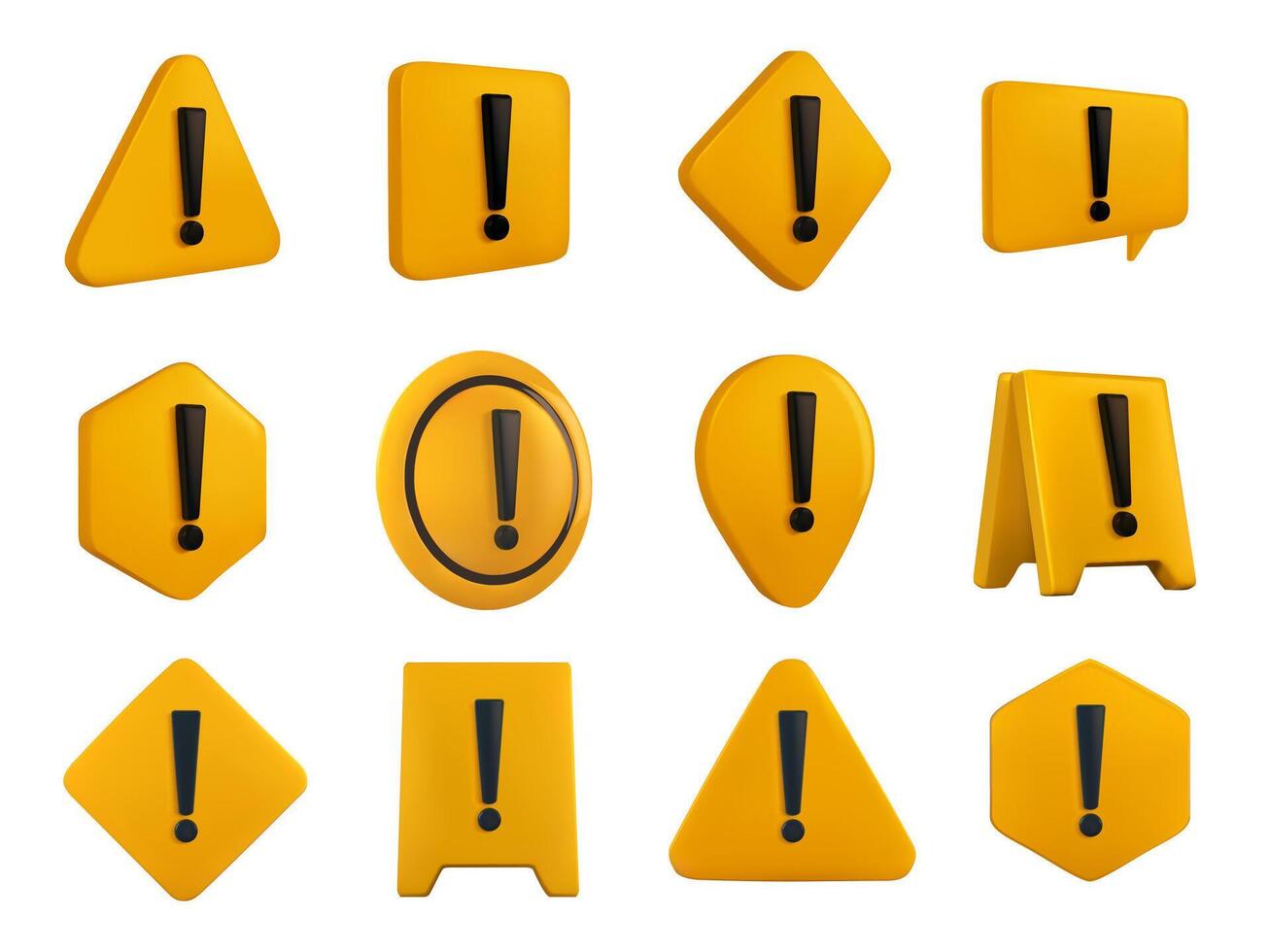 Yellow 3D warning sign. Hazard symbols with exclamation points, safety caution and attention alert icons realistic render illustration set vector