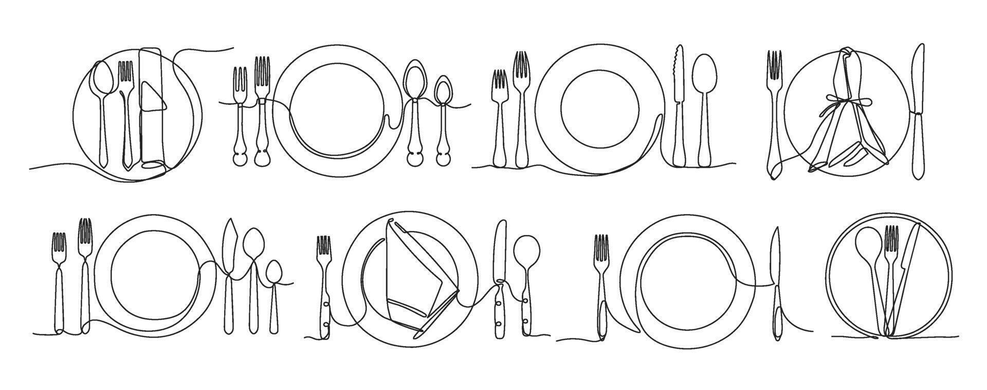 Continuous one line served plate. Minimalist plates, forks, knives and spoons for restaurant menu design illustration set vector