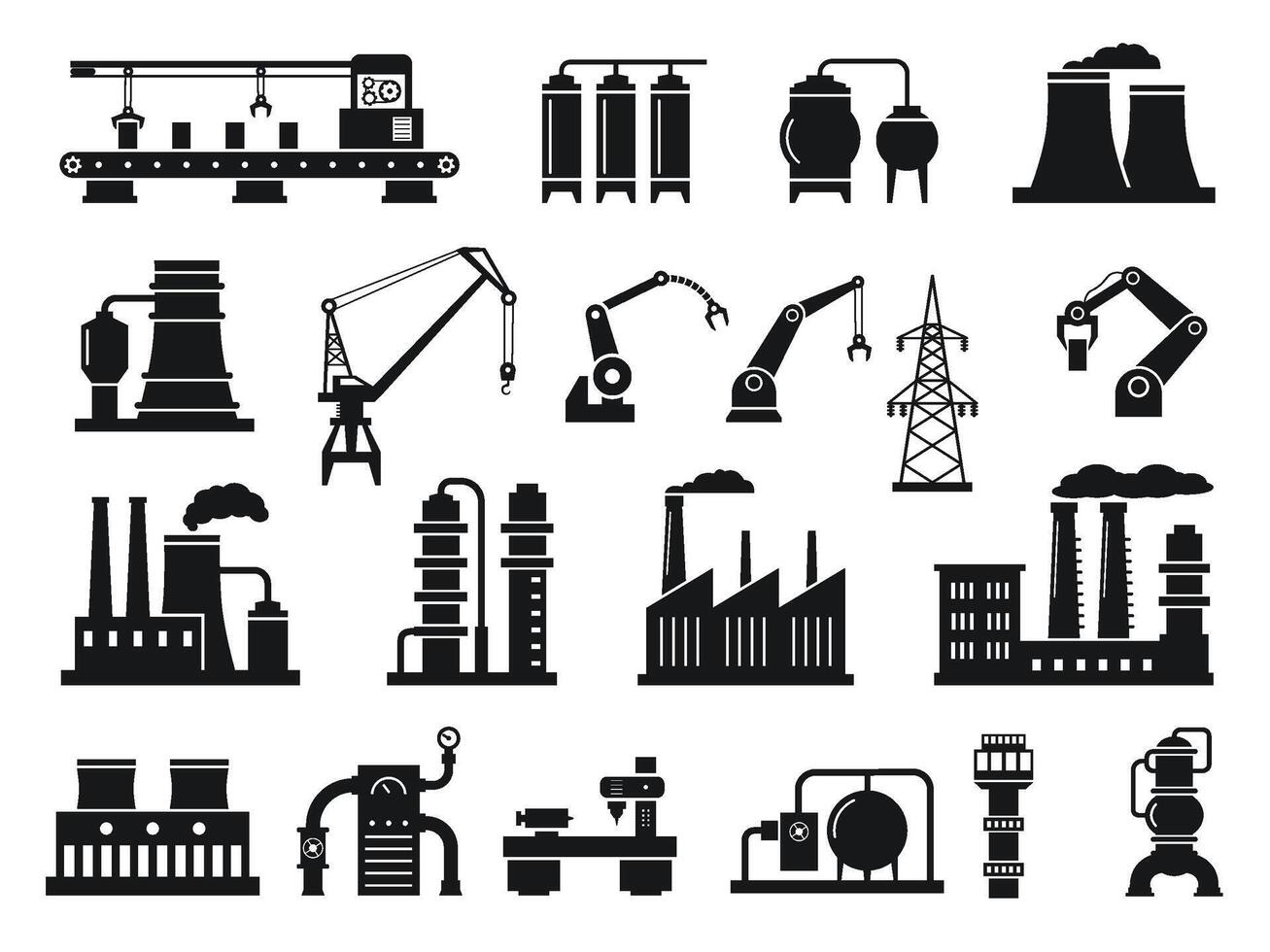 Industrial factory silhouettes. Machinery and manufacturing icons, power plants, conveyor belts, cranes and robotic arms illustration set vector