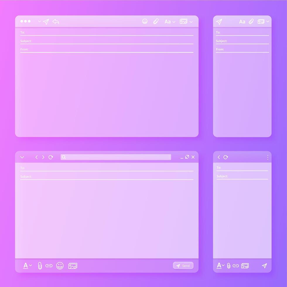 Transparent Email interface. Webmail mobile and desktop client app layout, new message form window UI template set vector