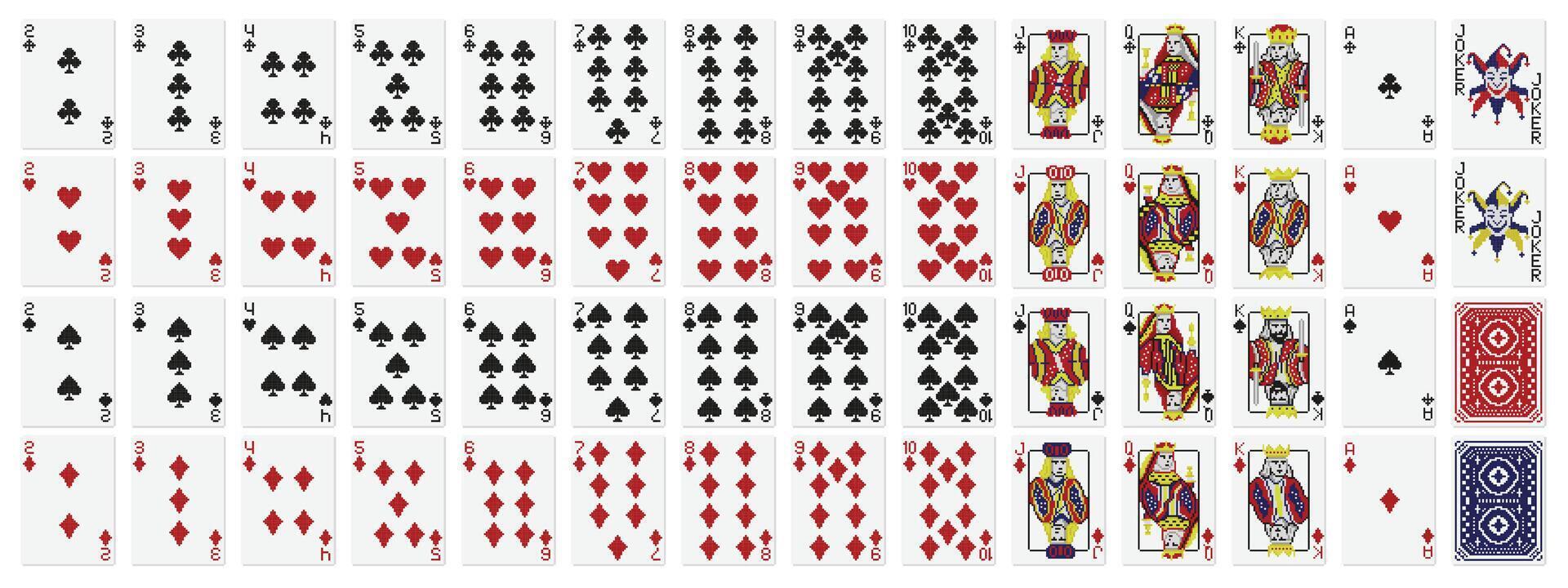 Pixel art playing cards. Standard 52 playing cards deck with pixelated clubs, diamonds, hearts and spades. Illustrated face cards Jack, Queen, King and Joker set. vector