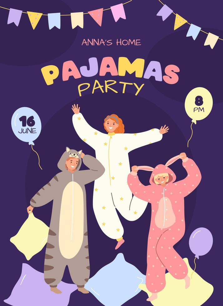 Pajama party invitation poster template. Characters with onesies and kigurumi costumes play pillow fight and have fun illustration vector