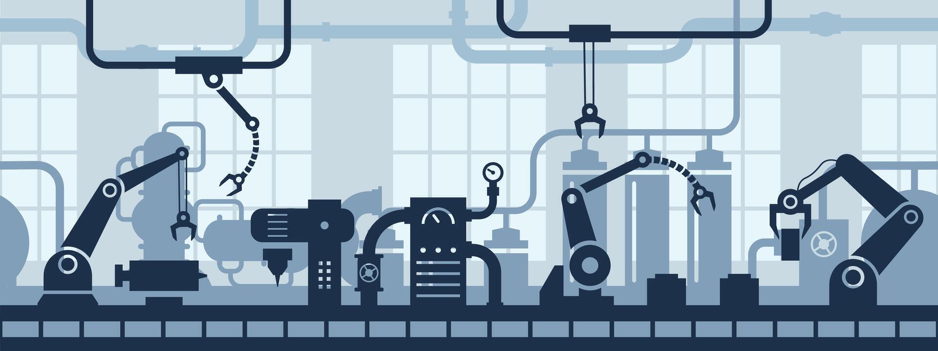 Industrial factory interior. Industry 4.0 assembly line, conveyor belt with robotic arms and machinery seamless background illustration vector