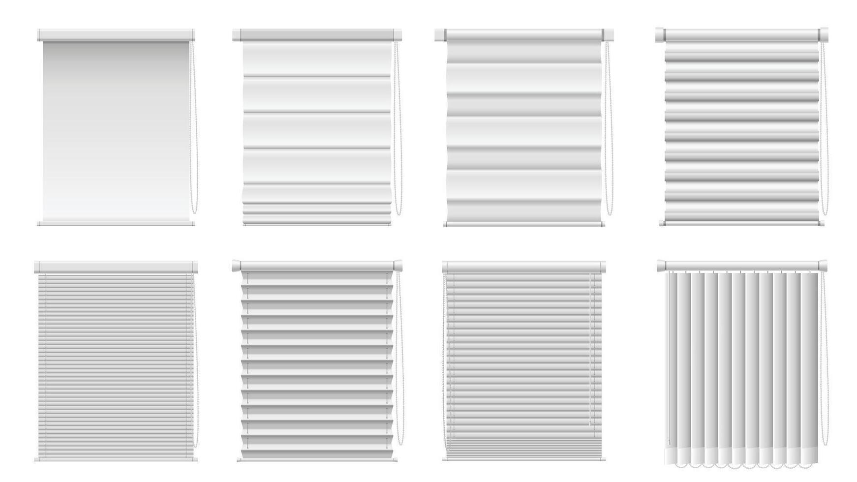 Realistic window blinds and shades. Window coverings set of roller, Venetian and vertical blinds, Roman and pleated shades isolated illustration. vector