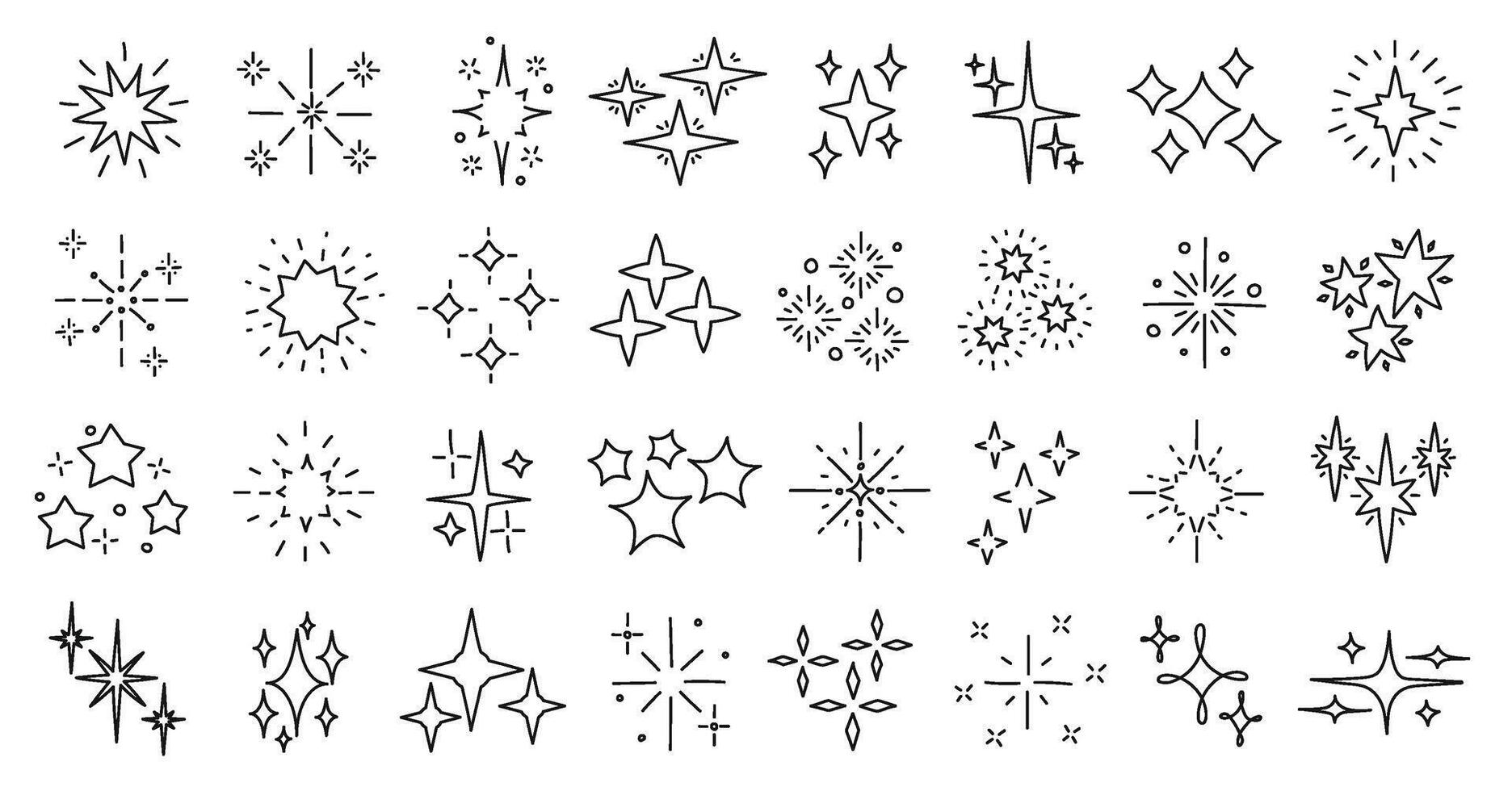 Hand drawn star glitter sparks. Sparkle and starburst icons, shiny doodle stars and magical twinkles. Glittering spark shapes linear symbols set. Shiny line firework explosion decoration vector