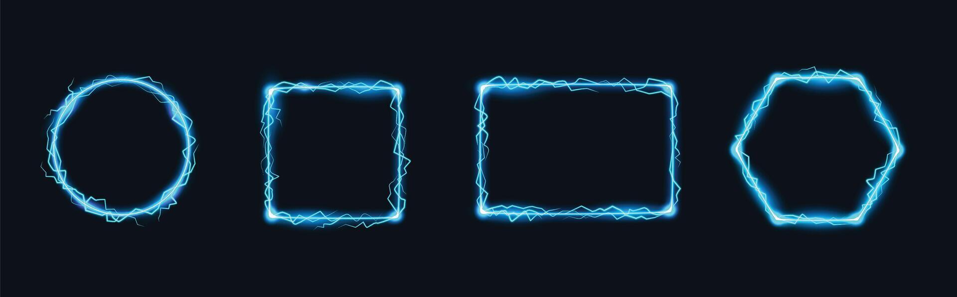 Thunder frame. Magic lightning border, electric energy square and shock power thunderbolt circle set. vector