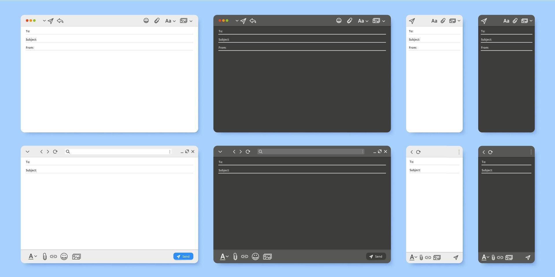 Email interface. Mail client new message window user interface, desktop and mobile layout UI template illustration set vector