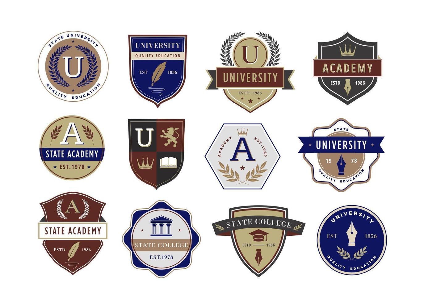 Education emblem. Academic institution badges for university, academy, and college crests with classic designs set vector
