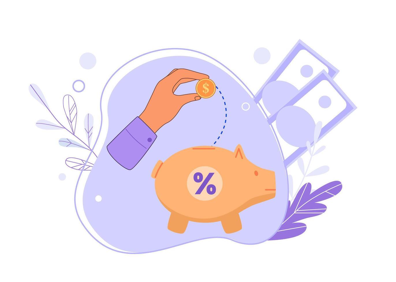 Saving money, investment concept. Character putting dollar coin into piggy bank. Person depositing money to get profit vector