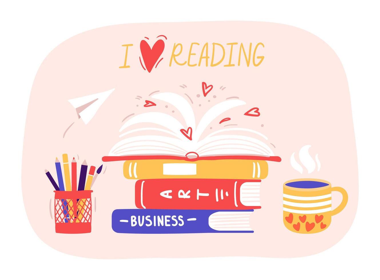 Reading books. Stack of library books with hand drawn lettering. Home library with art and business handbooks pile vector
