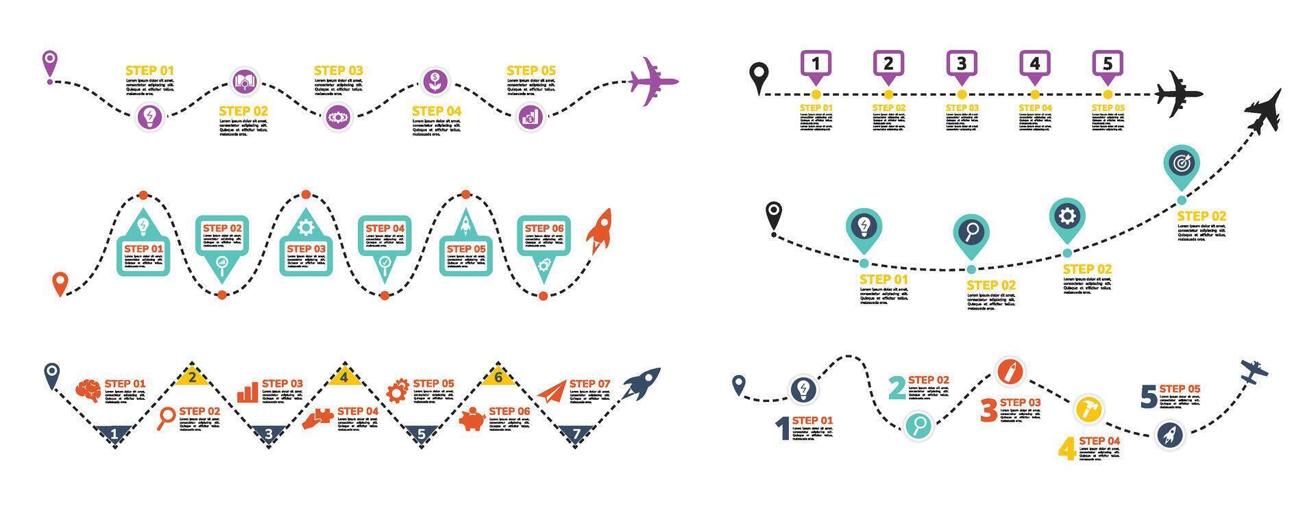 Roadmap infographic template. Business launch steps on dashed line, startup strategy routes and flight path timeline routes with pinpoint location icons on journey stages. set vector
