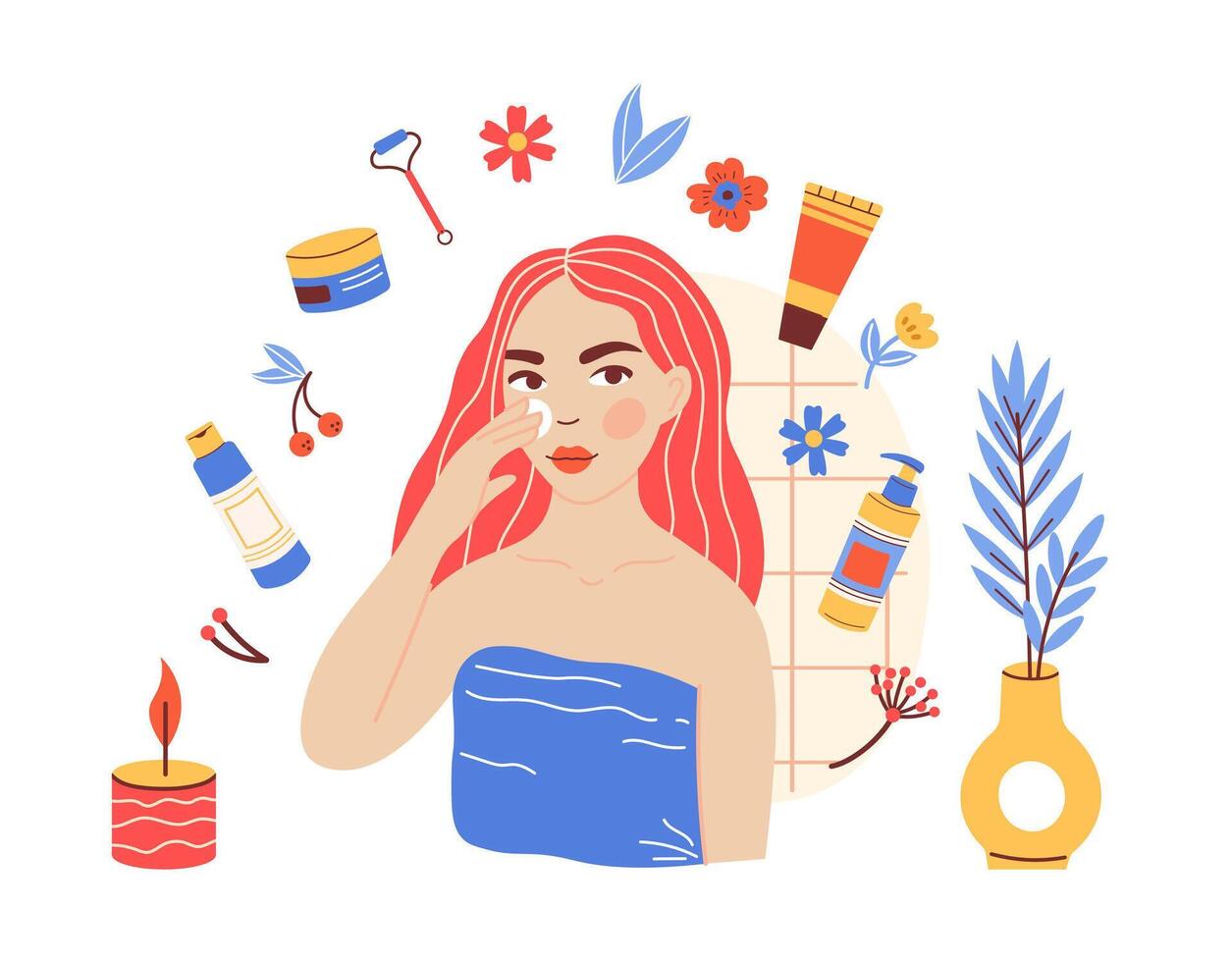 Young woman skincare routine. Female character applying cleanser, mask or cream. Everyday beauty cosmetic vector