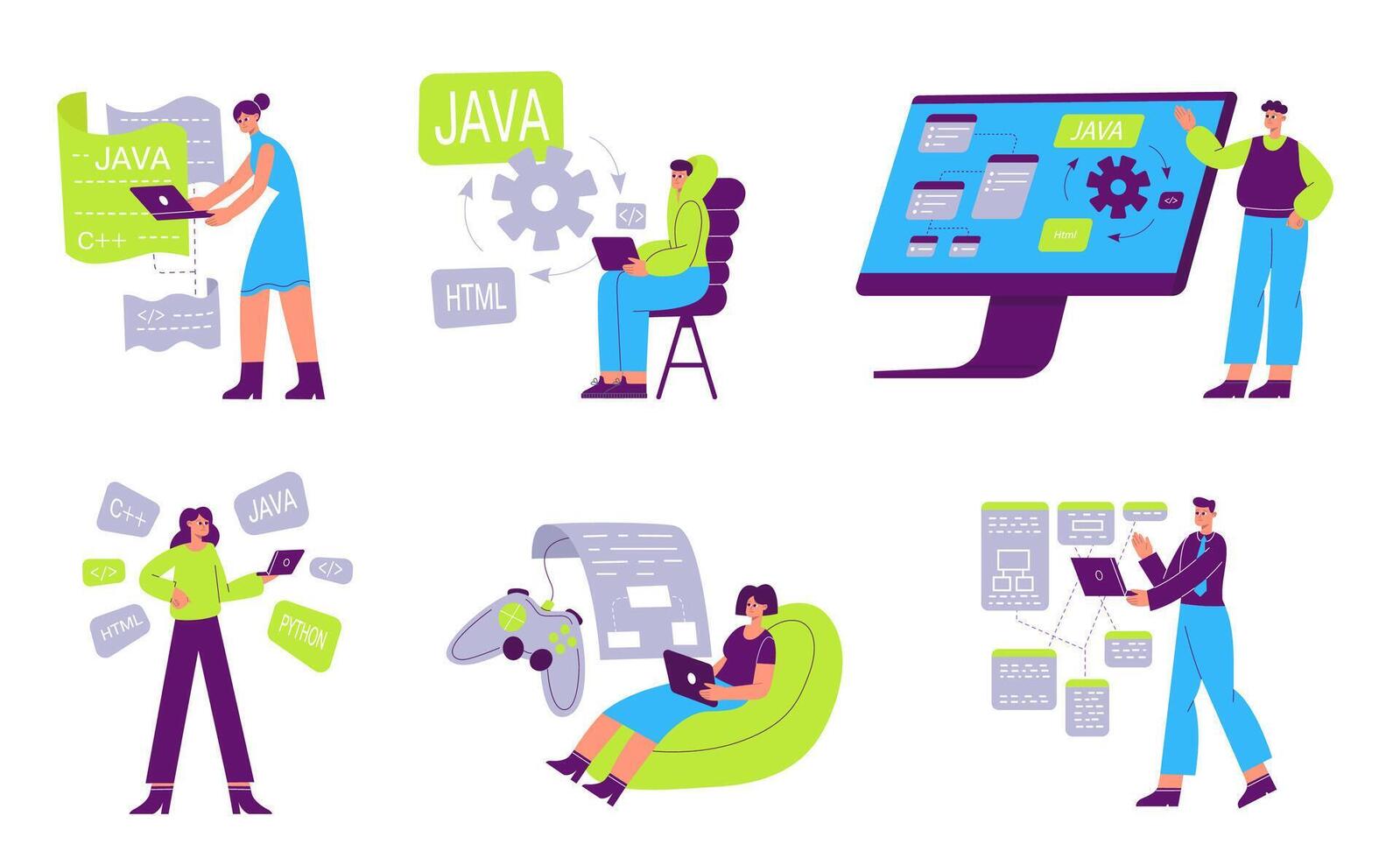 Web developers, software programmers work illustration set. Game testers checking quality and fixing bugs vector