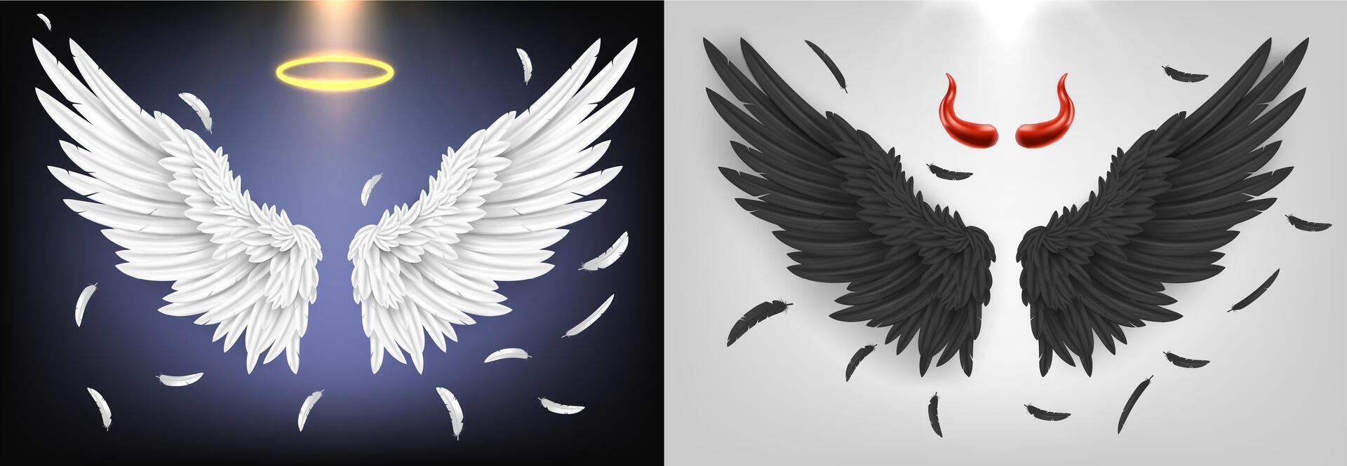 Angel and demon wing. Black and white feathered wings, angelic good and demonic evil concept realistic 3D illustration set vector