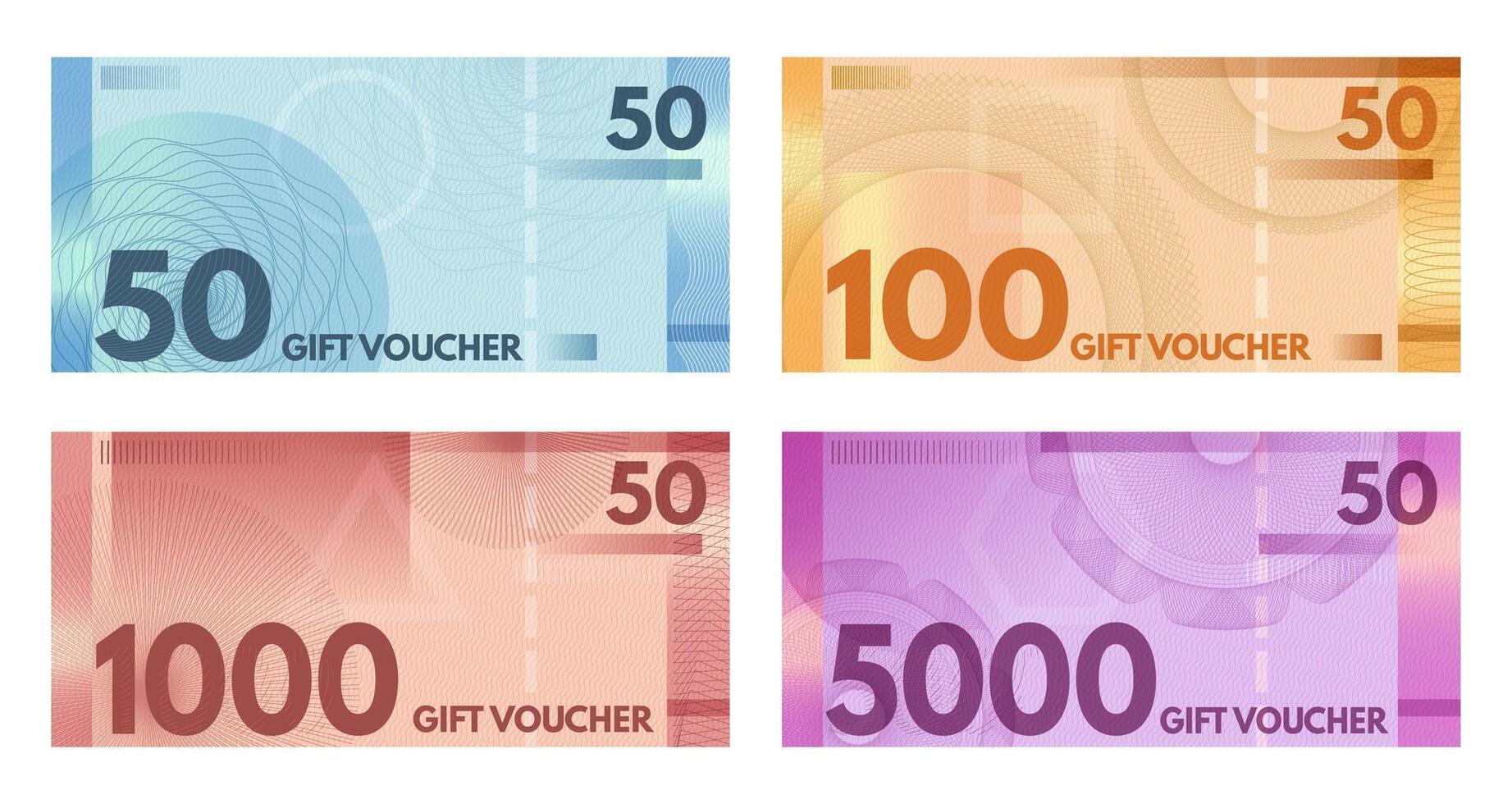 Guilloche banknote vouchers. Currency style coupons, shopping certificates and gift voucher template set vector