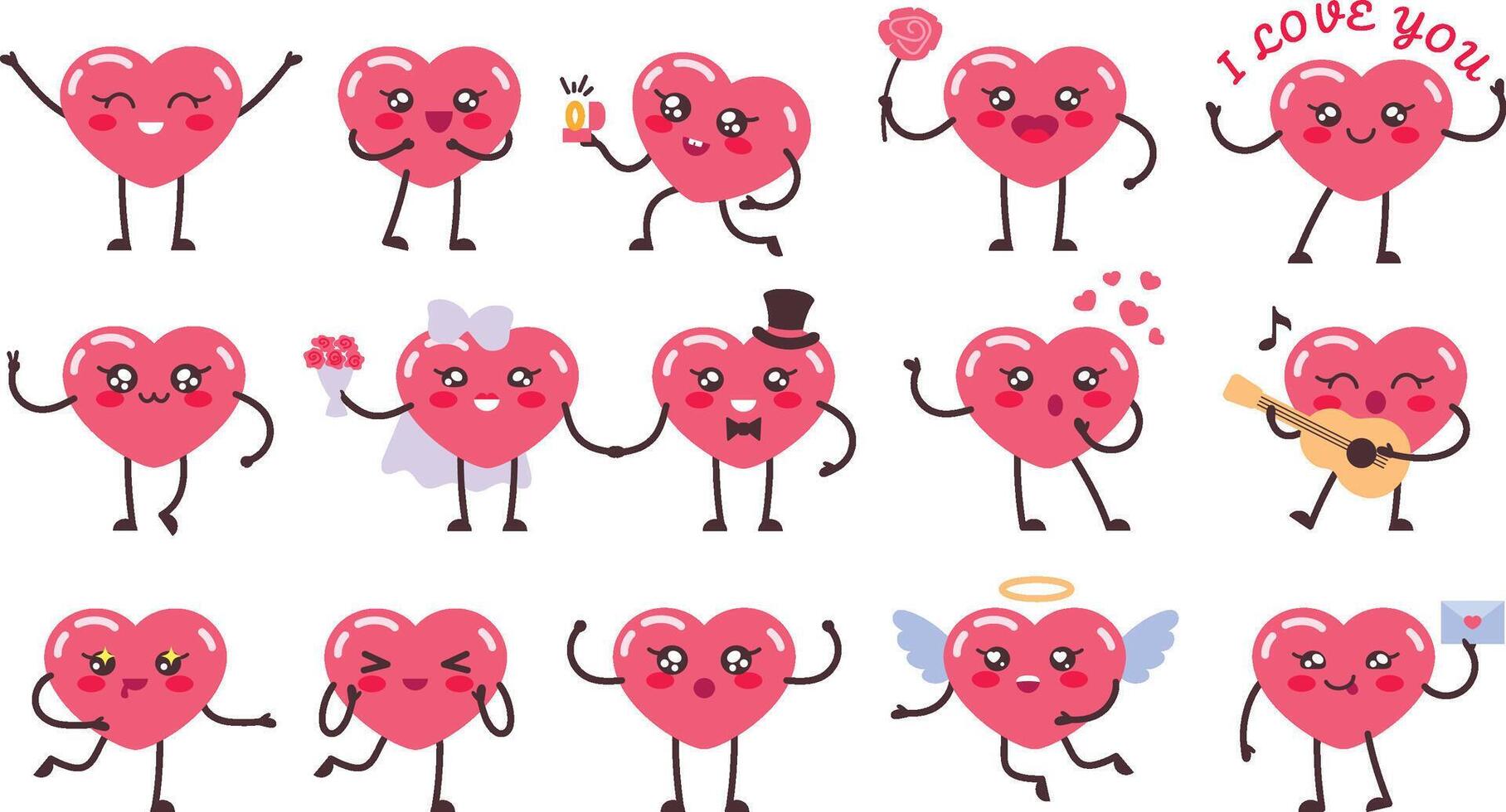 Kawaii heart mascot. Love characters, romantic hearts and cute happy valentines day illustration set vector