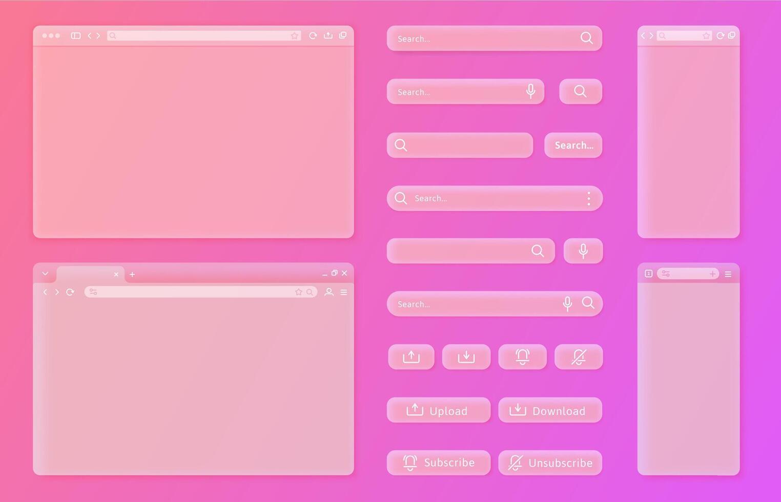 Transparent internet browser window. User interface elements, search bars and action buttons UI template set vector