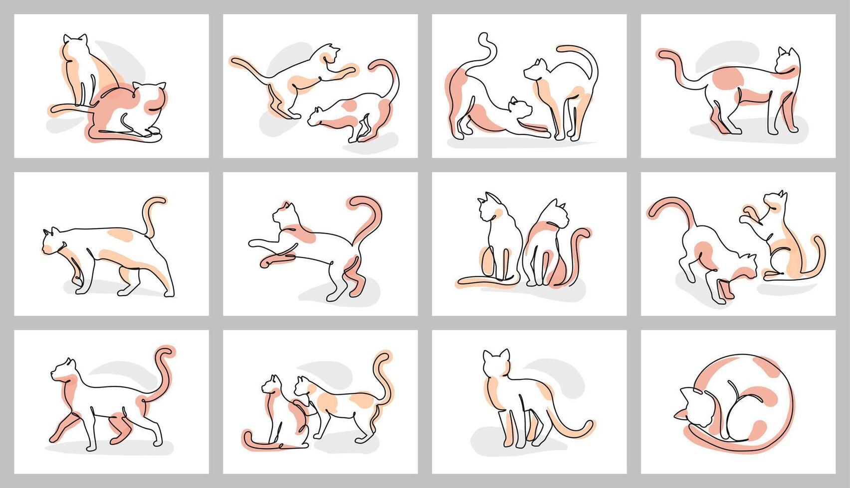 Continuous one line cat posters. Cute cats playing, grooming, stretching and lounging. Minimal feline and kittens for pet designs illustration set vector