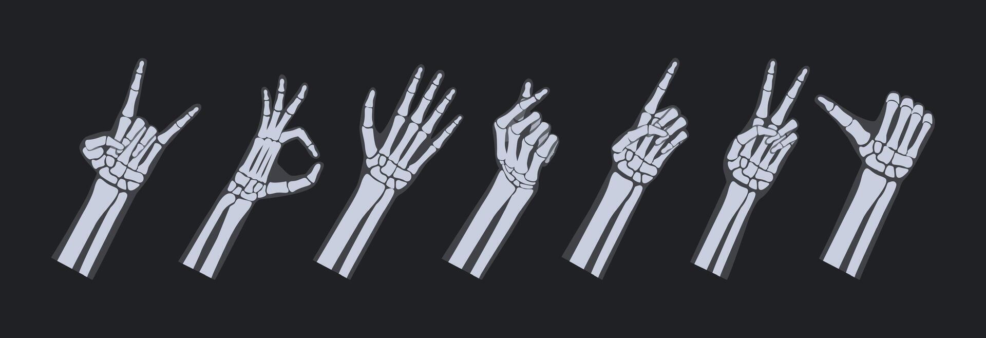 Skeletal hand x-ray gestures. Peace sign, okay and love heart gesture, rock horns and thumbs up like illustration set vector