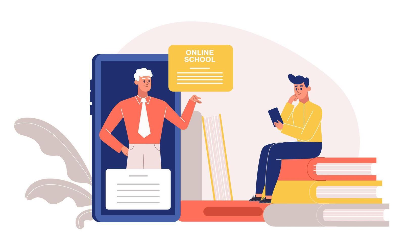 Online education. Boy sitting on stack of books learning with smartphone. Pupil or student having distant learning vector