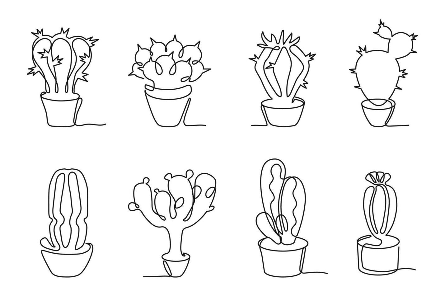 One continuous line potted cactus. Mexican prickly succulent with thorns in pots. Botanical plants with blooming flowers vector