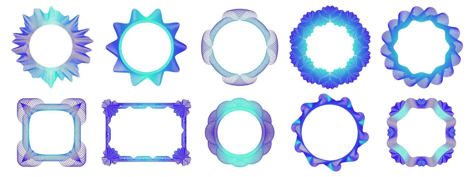Guilloche pattern frame. Ornamental geometric borders, circular and square frames for certificates, invitations, and greeting cards set vector