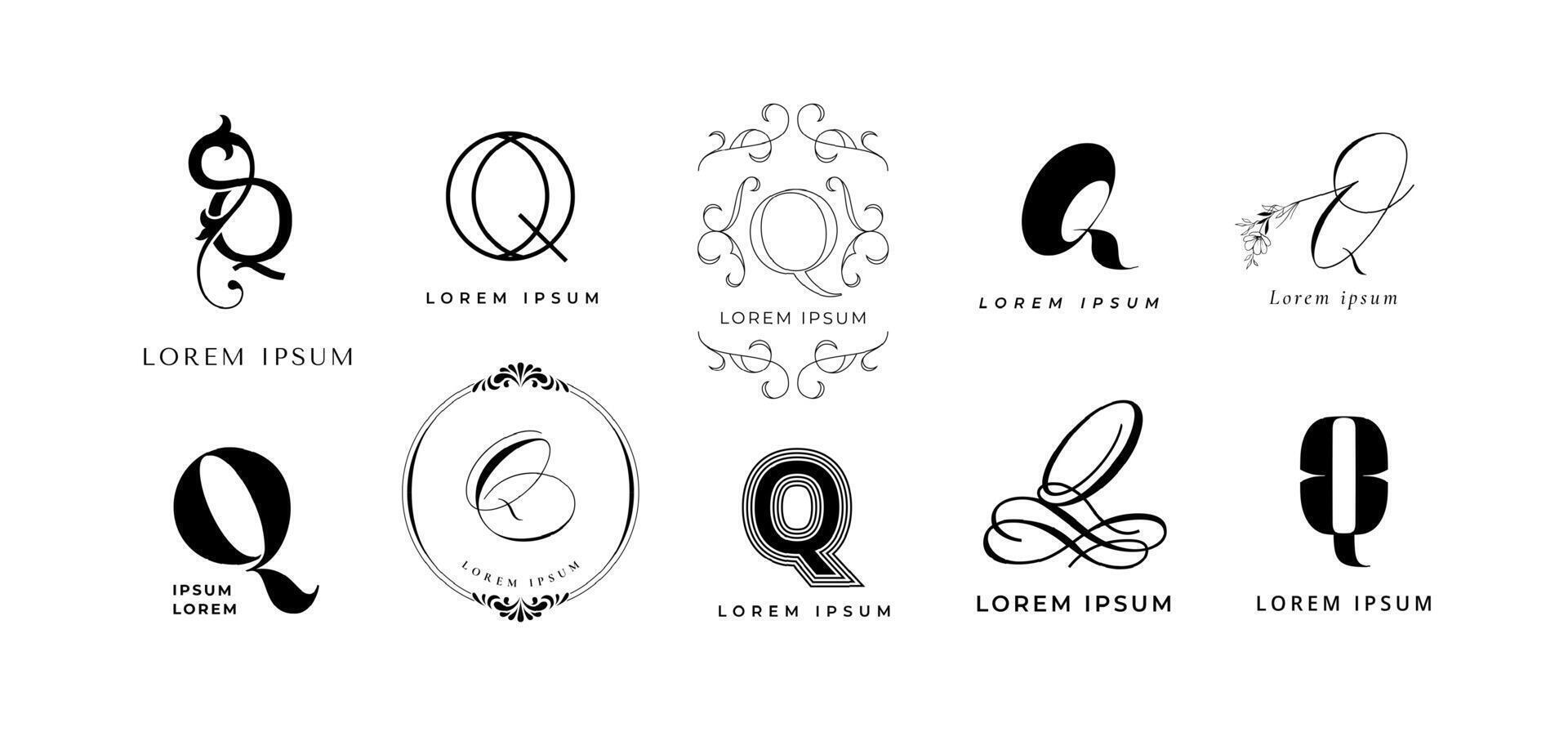 Creative Q emblem. Letter q monogram for quantum, quick and queen themed branding. Business name initial template icon set vector
