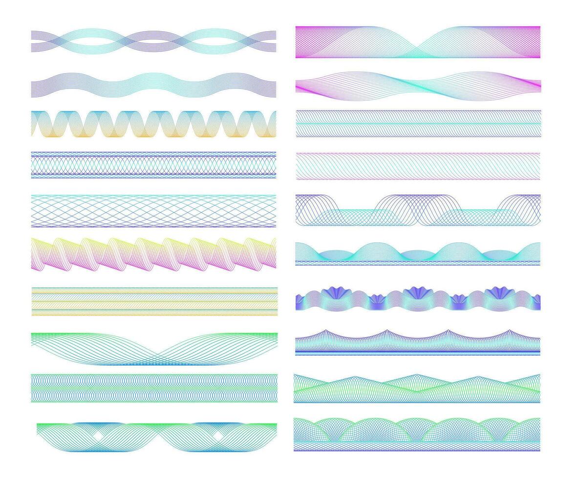 Seamless guilloche dividers. Colorful wave patterns and spirograph lines decorative elements set vector