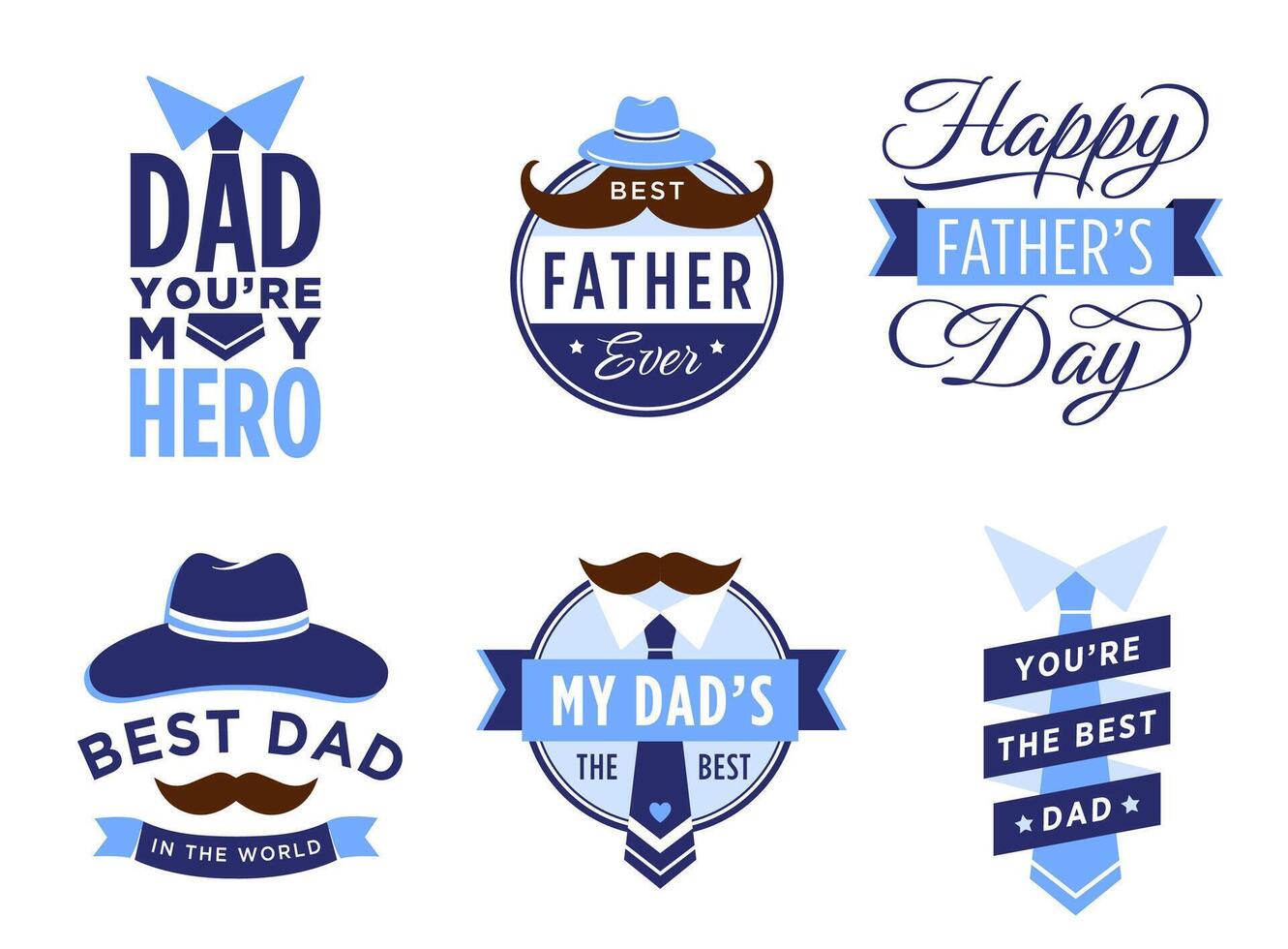Happy Father Day label. Male badges with hat, mustache and tie, best dad in the world, my hero. Gift for father vector