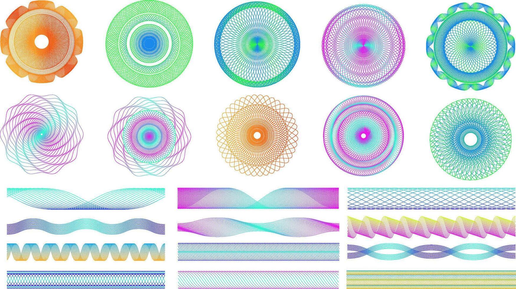 Seamless guilloche patterns. Spirograph geometric radial shapes and border lines dividers decorative art set vector