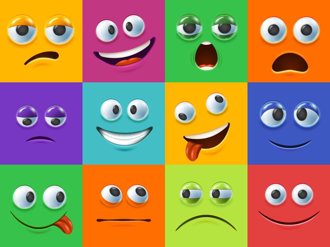 Cartoon 3D face backgrounds. Funny eyes and mouth facial expressions. Colorful faces with different emotions illustration set vector