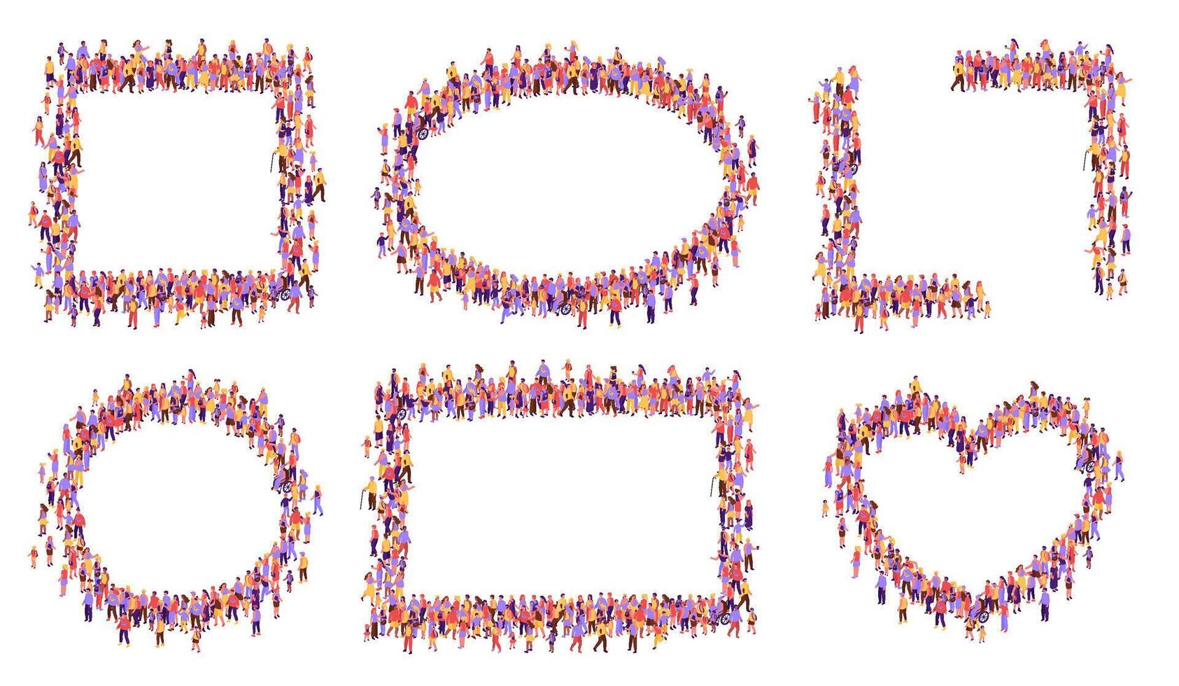 Top view crowd frames. Community unity frame with diverse group of people forming square, oval, circle, rectangle and heart shape borders set vector