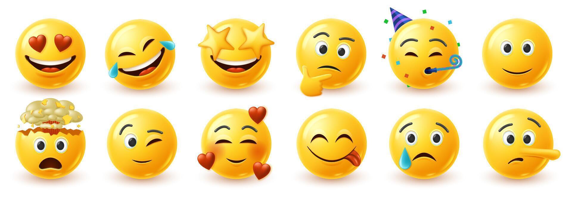Funny 3d emoji faces. Yellow emoticon with love hearts and star eye, happy laughing and smiling face. Mind blown head explosion, wink, yummy tongue vector