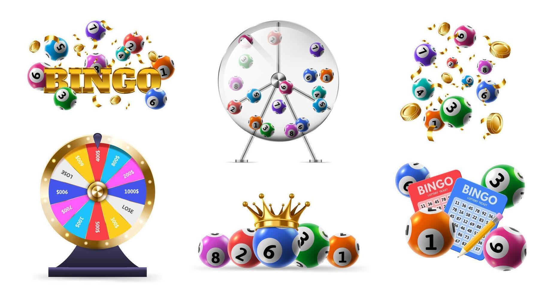 Lotteries game. Fortune wheel, bingo tickets and lottery balls in spinning dispenser. Lucky numbers combination isolated 3D illustration set vector